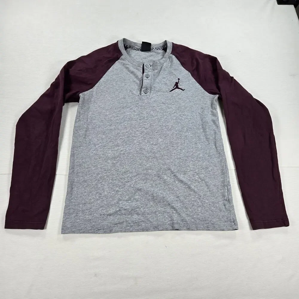 Nike Air Jordan Gray Burgundy Henley Long Sleeve‎ Shirt Men's Size Medium